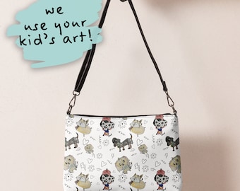 Zeichnungen auf individueller Umhängetasche mit Kunstwerk des Kindes | Künstlerische Mode für unterwegs | Personalisierte Handtasche | Personalisierte Geldbörse mit Kinderzeichnungen