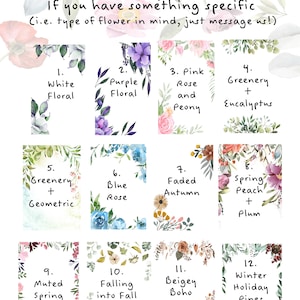 May include: Twelve different watercolor floral frame options for a printable art print. The frames feature various floral designs, including white, purple, pink, greenery, blue, peach, and muted spring colors. The text in the image reads "Frame Options: If you have something specific (i.e. type of flower in mind, just message us!)"