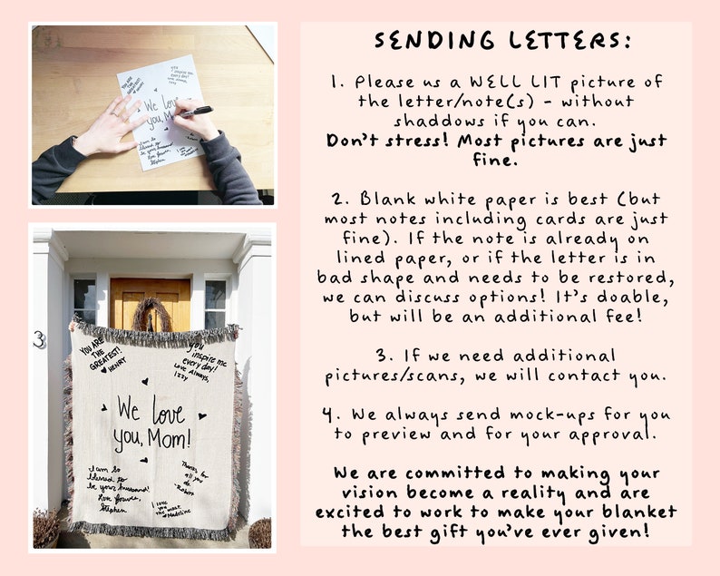 May include: A guide on sending letters for a personalized blanket. The guide includes instructions on taking well-lit photos of the letters, using blank white paper, and sending additional photos if needed. The guide also mentions that mock-ups will be sent for approval.
