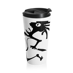 May include: White travel mug with a black silhouette of a stylized creature with a large eye. The creature is running and has a long tail.