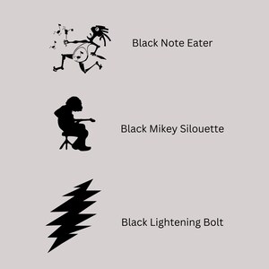 May include: Three black and white illustrations. The first is a stick figure playing a musical instrument with the text "Black Note Eater". The second is a silhouette of a person playing a guitar with the text "Black Mikey Silhouette". The third is a lightning bolt with the text "Black Lightening Bolt".