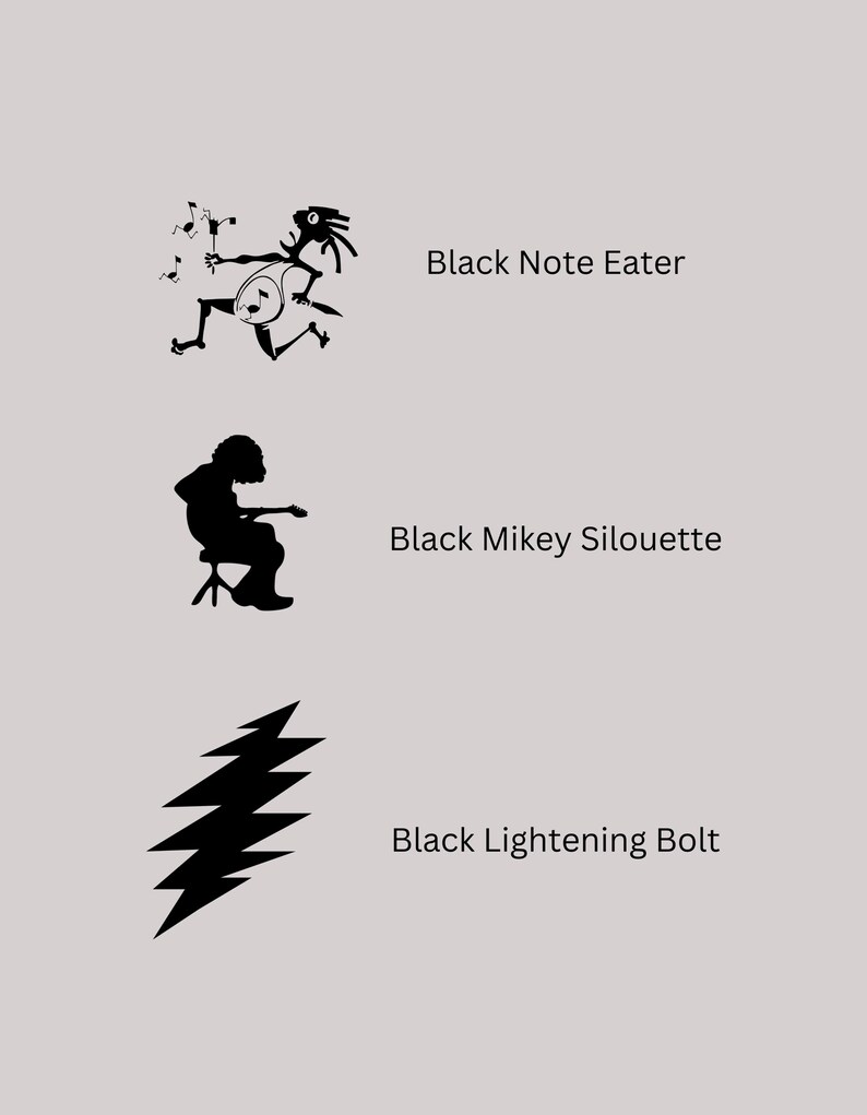 May include: Three black and white illustrations. The first is a stick figure playing a musical instrument with the text "Black Note Eater". The second is a silhouette of a person playing a guitar with the text "Black Mikey Silhouette". The third is a lightning bolt with the text "Black Lightening Bolt".