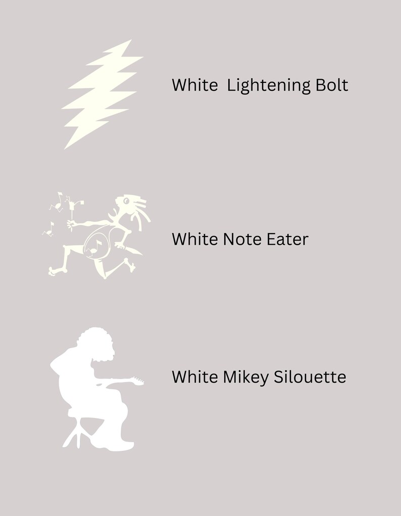 May include: Three white graphic designs on a light gray background. The top design is a lightning bolt. The middle design is a creature with a long neck and a long tail. The bottom design is a person playing a guitar.