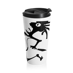 May include: White travel mug with a black silhouette of a creature with a large eye and long limbs. The creature is in a running pose.