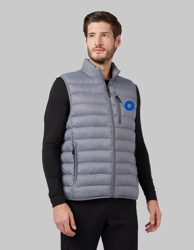 May include: A gray puffer vest with a zipper closure and a blue circle logo on the left chest.