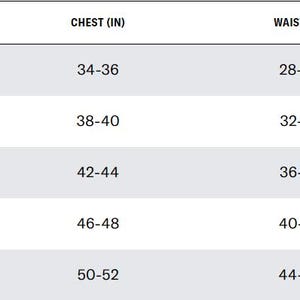 May include: Size chart showing chest and waist measurements in inches for sizes S, M, L, XL, and XXL.