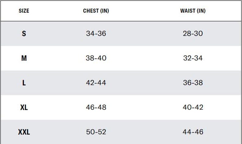May include: Size chart showing chest and waist measurements in inches for sizes S, M, L, XL, and XXL.