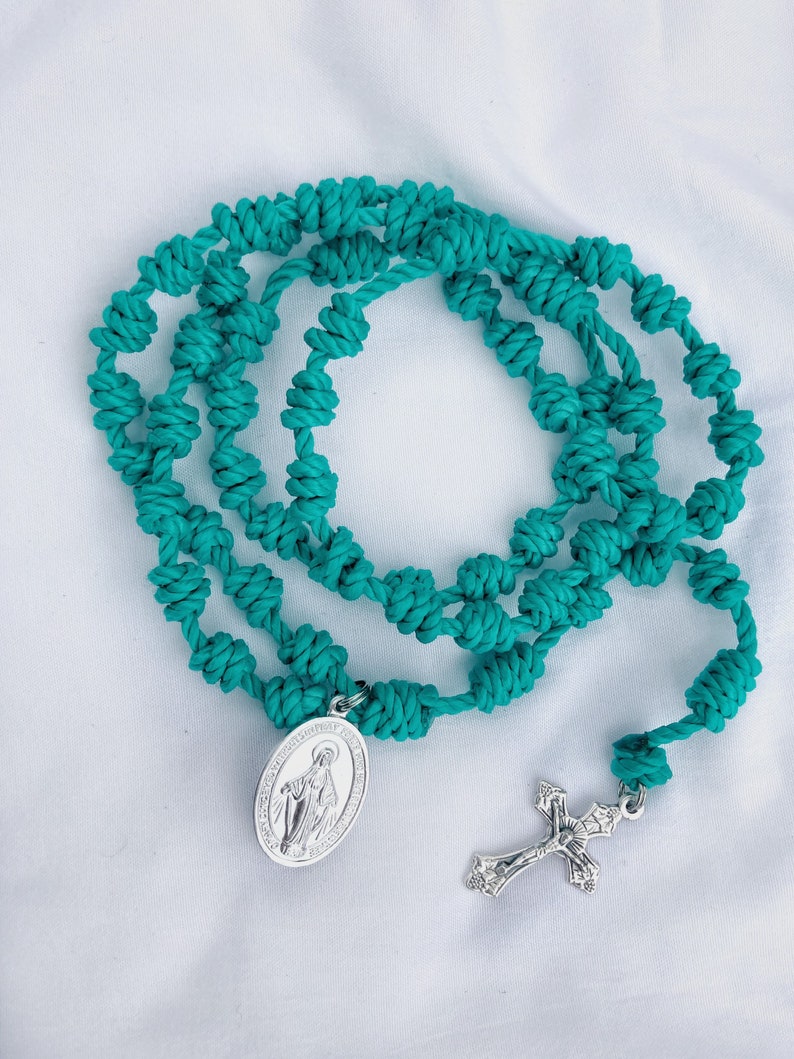 Turquoise Hand Knotted Rosary Silver Cross & Medal