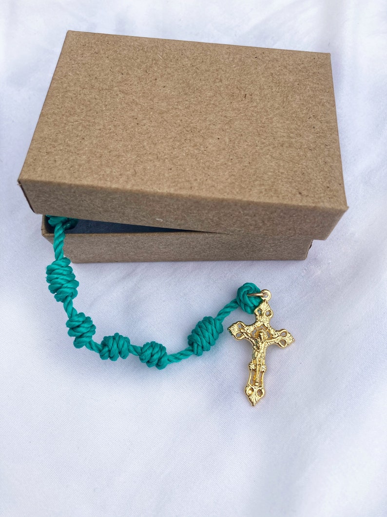Turquoise Hand Knotted Rosary Gold Cross & Medal