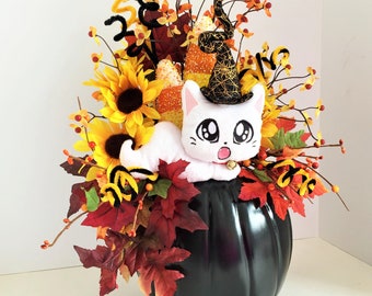 Halloween Floral Arrangement, Ghost Kitty Witch Pumpkin Floral Arrangement, Halloween Decor, Pumpkin Floral, Cat Floral, Gift Ideas