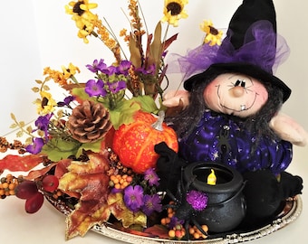 Halloween Floral Arrangement, Halloween Witch Floral Arrangement, Purple Puffy Pal Witch Floral Arrangement, Halloween Decor, Gift Ideas