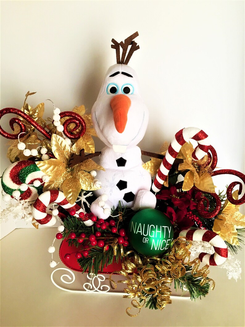 Snowman Floral Arrangement, Large Olaf Floral Centerpiece, Christmas Decor, Whimsical Sleigh