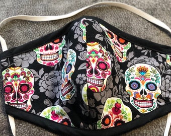 Sugar Skull Mask|Calvera|Dia De Los Muertos|100% Cotton|3 layers|Washable,Resusable