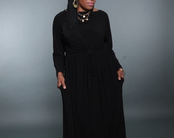 Black Modest Maxi Dress with Pockets | Long Sleeve Muslim Dress | Black Church Dress | Elegant Full Length Dress for Eid