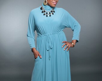 light blue turtleneck dress