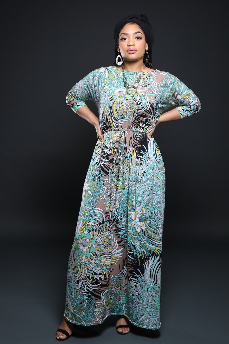 Sofia Aqua floral boatneck, Aqua boatneck maxi dress, dolman sleeve maxi dress, Long sleeve, Maxi Dress, Casual dress image 6