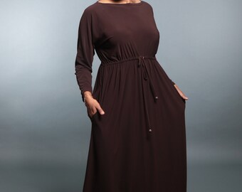 Norah- Chocolate brown dolman sleeve, BoatNeck Maxi dress, long sleeve, Work Dress, Fall Dress