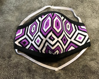 Purple Geometric Knit Mask|Made In USA| Cloth, Hijab Friendlty | Washable, Reusable| Protective Triple Layer Fabric | Ear Loops