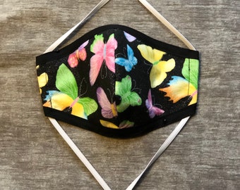 Butterfly Face Mask w/blk background|Made In USA| Cloth, Hijab Friendlty | Washable, Reusable| Protective Triple Layer Fabric | Ear Loops