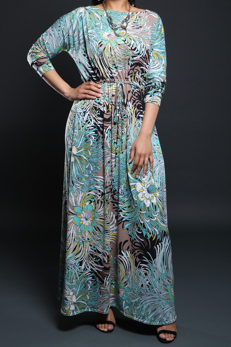 Sofia Aqua floral boatneck, Aqua boatneck maxi dress, dolman sleeve maxi dress, Long sleeve, Maxi Dress, Casual dress image 2