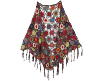Hand Crochet Triangle Poncho Stole Exquisite Prayer Shawl in Brown and Multicolor Cotton