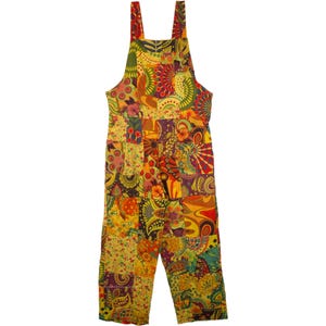 Floral Yellow Hippie Mixed Patchwork Cotton Overalls Jumpsuit Dungaree with Pockets for Women