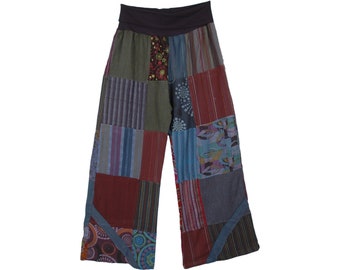 Navy Blue Tones Handmade Patchwork Cotton Lounge Trousers Pants with Yoga Style Flexible Length and Waist