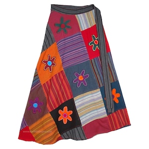 Patchwork Mid Length Skirt in Multicolored Square Patches with Flower Hand Cut Appliques