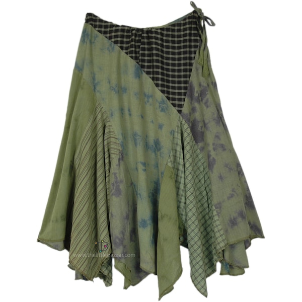 Uneven Hem Asymmetrical Cotton Skirt Patchwork Handkerchief Boho Skirt with Drawstring in Green and Black