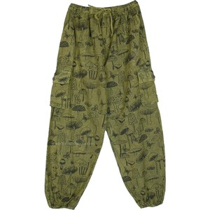 May include: Green cargo pants with a mushroom print. The pants have a drawstring waist and multiple pockets.