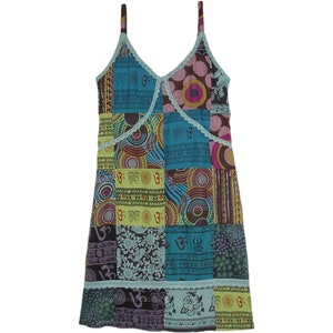 Boho Sleeveless Aqua Blue Green Cotton Patchwork Earth Dress Knee Length