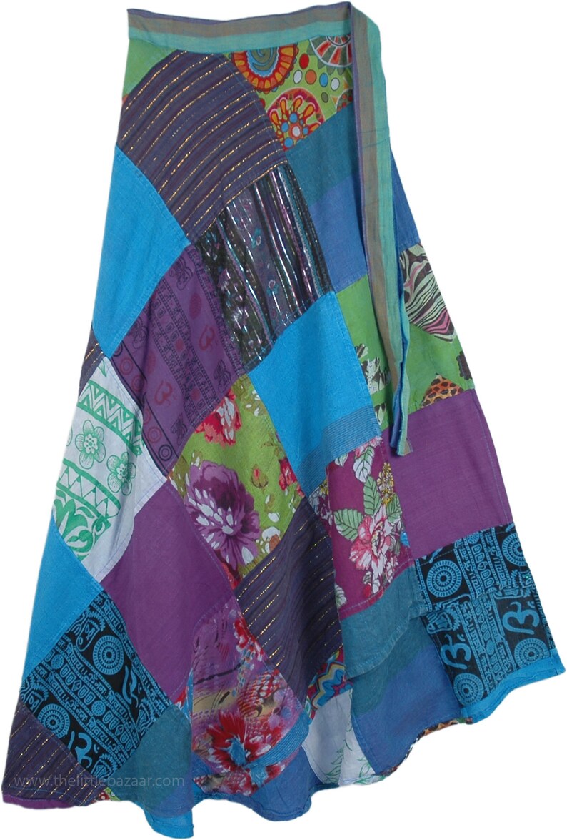 Rhythmic Hippie Floral Patchwork Wrap Around Skirt in Cool Tones Long Ankle Length Summer Wear