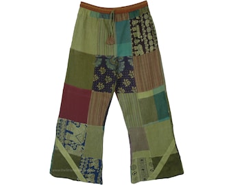 Cotton Hippie Boho Lounge Pants with an Elastic Waistband in Green Toned Patchwork with Side Pockets