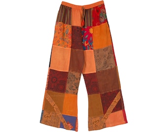 Orange Summer Fun Hippie Pants Patchwork Cotton Lounge Pants with Pockets with Elastic Waist One Size