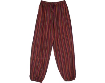 May include: Striped pants with a drawstring waist. The pants are made of a soft, comfortable fabric and have a relaxed fit. The colors are red, orange, yellow, green, and purple.