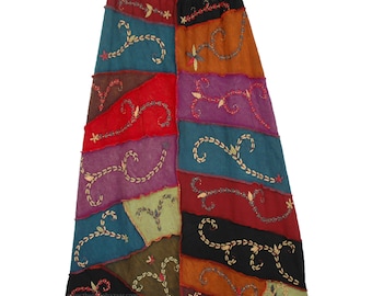Himalayan Hand Embroidered Womens Thick Cotton Bohemian Winter Skirt in Patchwork