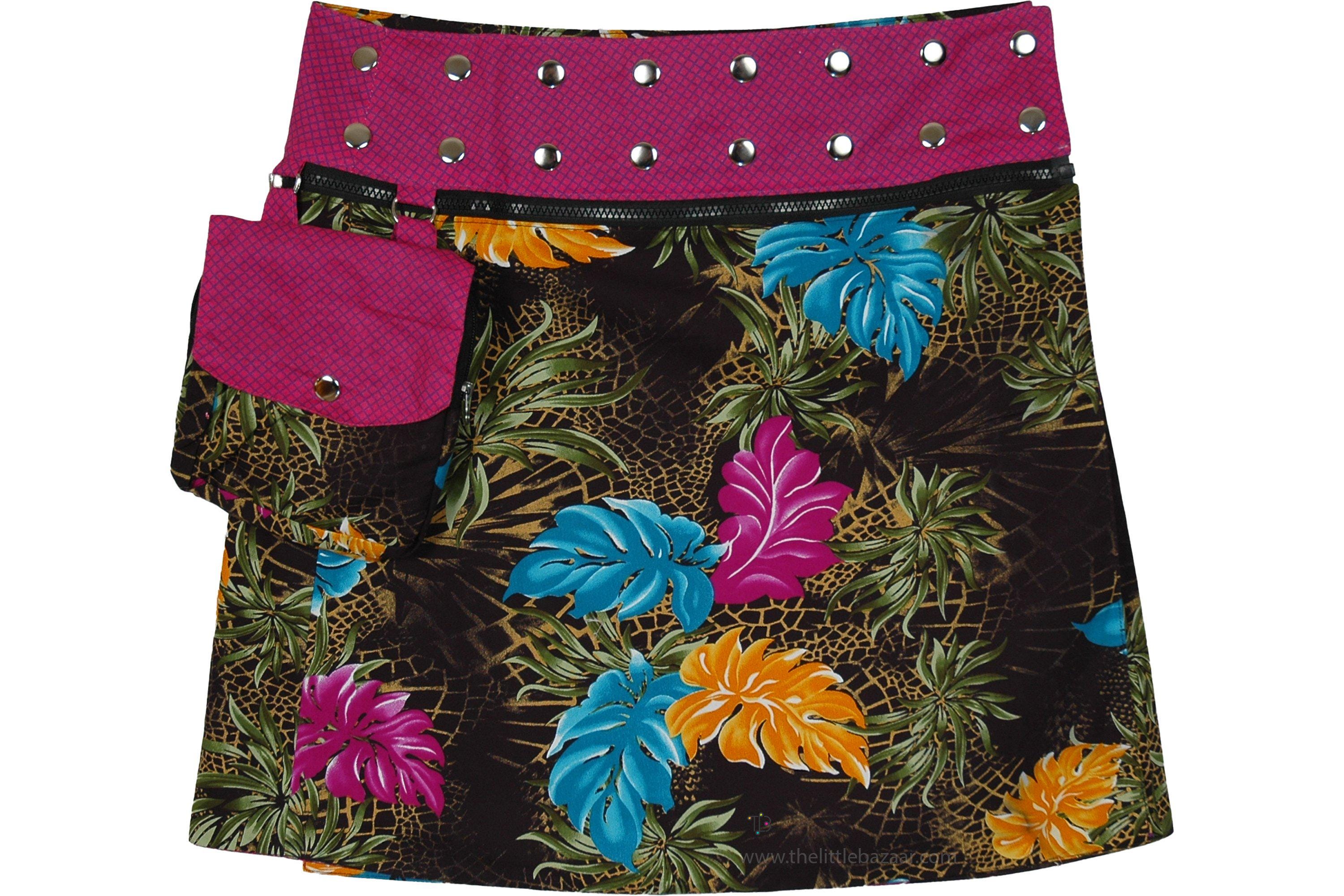 Black Magenta Snap Wrap Short Skirt Reversible Convertible A-line