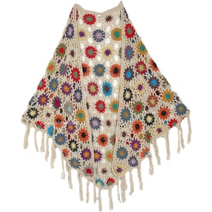 Handmade Crocheted Triangle Poncho Shawl Scarf Fall Winter Accessory in Cream and Multicolor Cotton