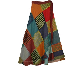 Woven Cotton Warm Colors Patchwork Wrap Around Long Ankle Length Skirt with Razor Cut Detail