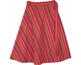 XL to 2X Mid Length Cotton Boho Wrap Skirt in Vertical Stripes in a Passionate Spring Poppies Color Blend