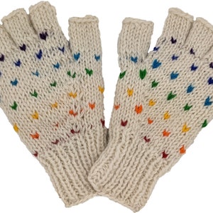 Hand Knit White Wool Half Gloves with Rainbow Sprinkles All Over Winter Accessory Wool Fleece Lined