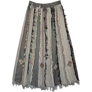 Patchwork Cotton Skirt with Vertical Striped Fabric and Thread Fringes and Embroidery