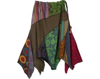 Harvest Asymmetric Boho Cotton Patchwork Mid Calf Length Skirt One Size