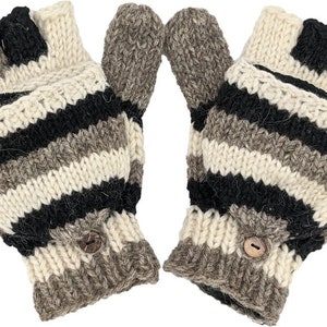 Pure Wool Handwoven Unisex Accessory for Winters in White and Black Hand Glove Convertible Mittens Fleece Lined