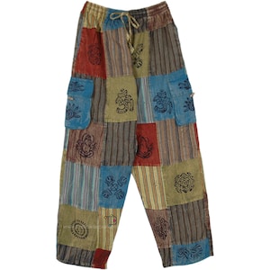 May include: Patchwork pants with a variety of colors and patterns, including blue, green, red, and brown. The pants have a drawstring waist and are made of a soft, comfortable fabric.