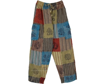 May include: Patchwork trousers with a variety of colours and patterns, including blue, green, red, and brown. The trousers have a drawstring waist and are made of a soft, comfortable fabric.