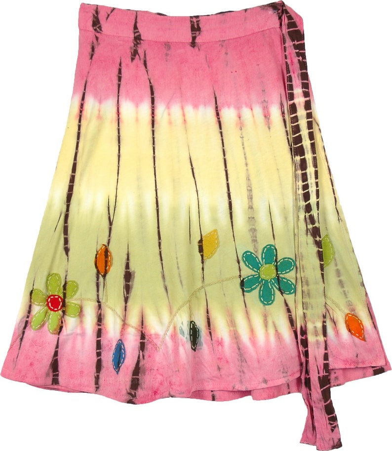 Knit Cotton Tie Dye Knee Length Short Wrap Around Skirt with Hand Cut Floral Appliques