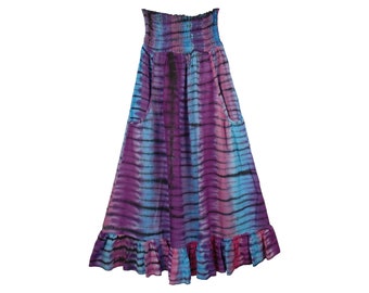 Falda larga tie dye: algodón morado y azul, cintura fruncida con bolsillos