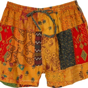 Hippie Boho Orange Cotton handmade Patchwork Shorts One Size Fits S to M