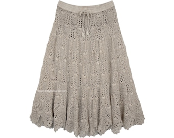 Beige Fawn Country Style Fully Crochet Skirt in Pure Cotton Mid Length Elastic Waist